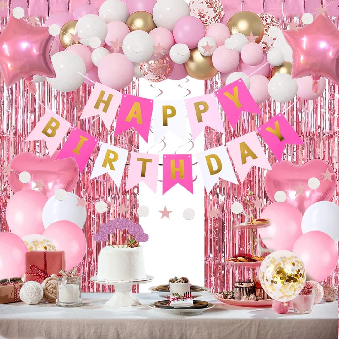 Pink Gold Birthday Party Decorations, Happy Birthday Banner, Pink Fringe Curtain, Heart Star Foil Confetti Balloons, Hanging Swirls for Women Girls Birthdays Princess Party
