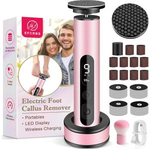 Electric Foot Callus Remover with LED Battery Level & 9-Speed Control Display. Callus Remover for Feet with Wireless Charger, Multi-sandpaper (70 Sheets) & Nano Glass Head for Dead Skin (Pink)