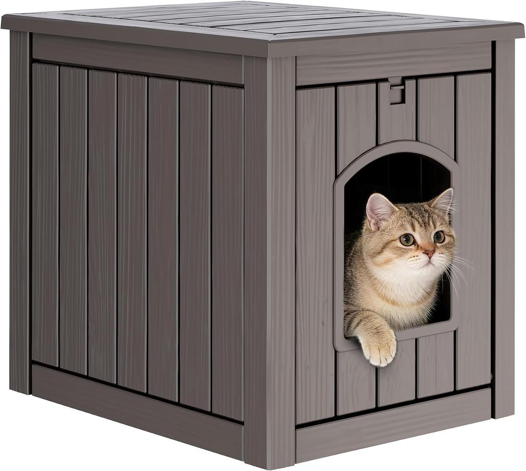 Cat Litter Box Enclosure, Enclosed Cat Litter Box Raised Floor, Openable Front Door Outdoor Cat House Weatherproof, Easy to Clean, Grey
