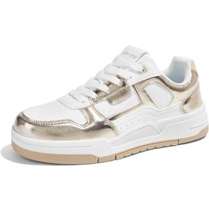 LUCKY STEP Women's Lace Up Fashion Casual Sneakers Low Top Walking Shoes Platform Comfort Non Slip Tennis Shoes (9, White/Gold)