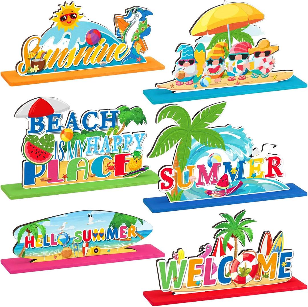 Hoolerry 6 Pieces Summer Beach Decoration Sign Wooden Summer Table Decoration Flamingo Palm Leave Gnomes Theme Table Centerpiece Beach for Party Favor Supplies (Colorful)