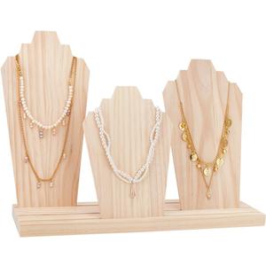 PH PandaHall Wood Necklace Display Stands with 3-Row Holder and 3 Removable Displays Wood Plank Necklace Storage Holder Bust Easel Jewelry Display for Necklaces, Rings Storage, Blanched Almond