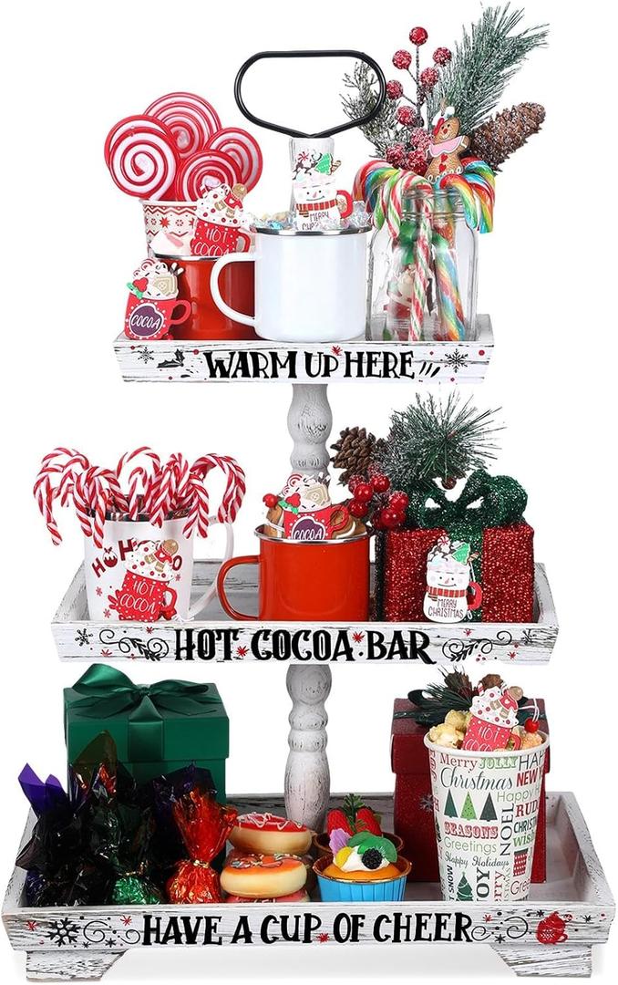 Christmas Hot Chocolate Bar Wood Cocoa Station Decorative Storage Box 3 Tier Chocolate Station Farmhouse Christmas Decorations for Home Office Kitchen Winter Gift (White)