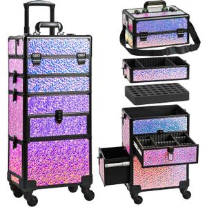 Makeup Train Case with Drawer, Rolling Makeup Case, Cosmetology Case on Wheels, Gift, Large Makeup Case Organizers, Professional for Salon Barber, Nail, Tattoo, Black Colourful
