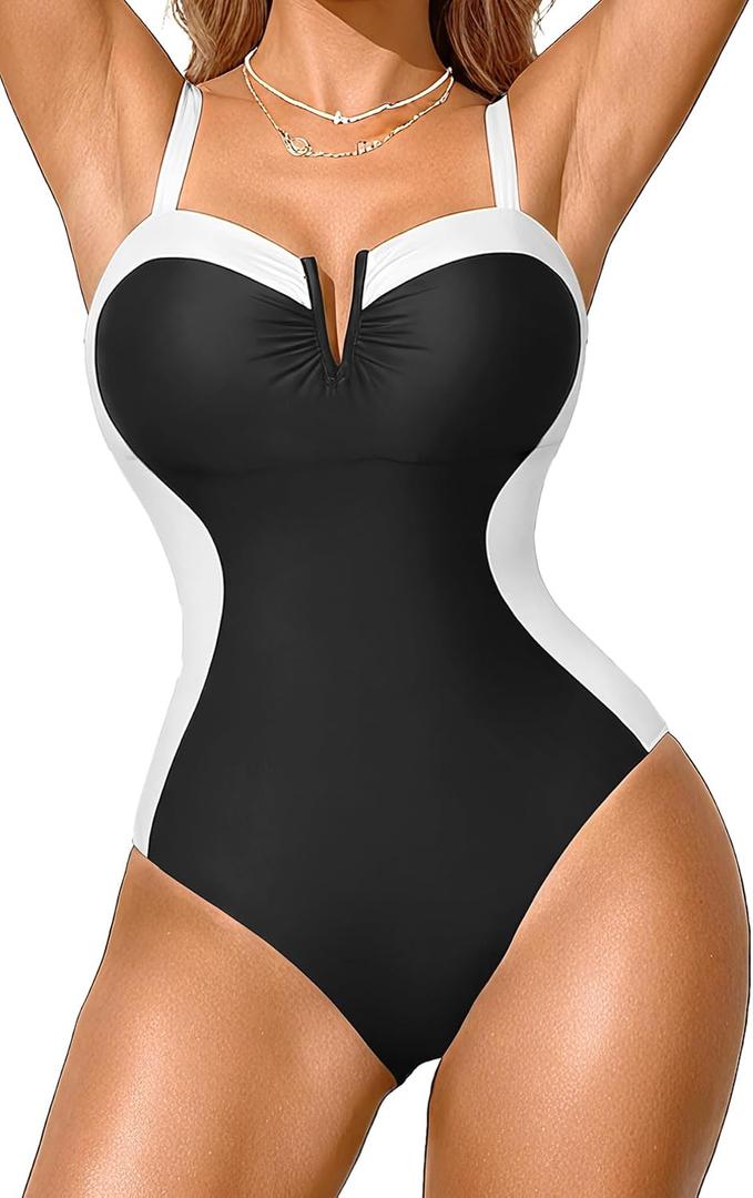 Daci Women's Tummy Control One Piece Swimsuit - Sexy Crisscross Back Bathing Suit (Large, Black and White)