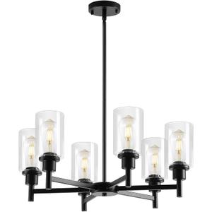 9MMML Farmhouse 6-Light Glass Chandelier, Modern Black Light Fixture for Kitchen Dining Room Over Table, Industrial Lighting for Living Room, Foyer, Entryway, E26 Bulb Base