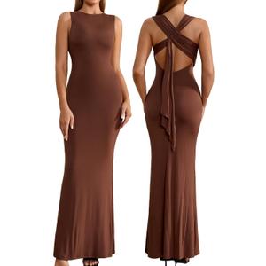 Women's Summer Casual Maxi Dress Sleeveless Semi Formal Bodycon Elegant Cocktail Wedding Guest Long Dresses (Brown, XS)