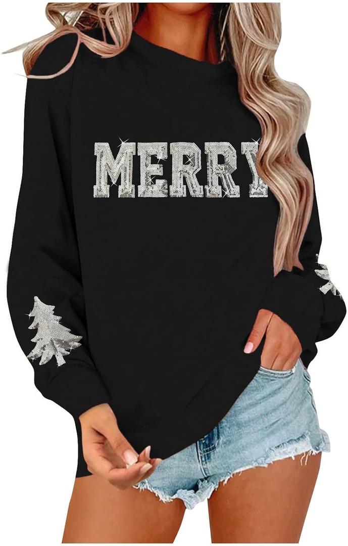 Christmas Sweatshirt Women Sequin Merry Christmas Long Sleeve Shirt Holiday Crew Neck Pullover Tops (XX-Large, Black)