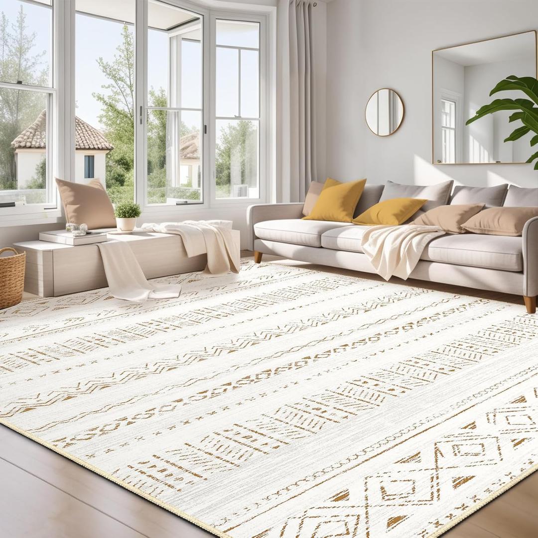 Large Living Room Area Rug 8x10: Soft Machine Washable Boho Moroccan Farmhouse Rugs for Bedroom Under Dining Table - Non Slip Neutral Morden Indoor Floor Carpet for Home Office Decor - Brown/Cream
