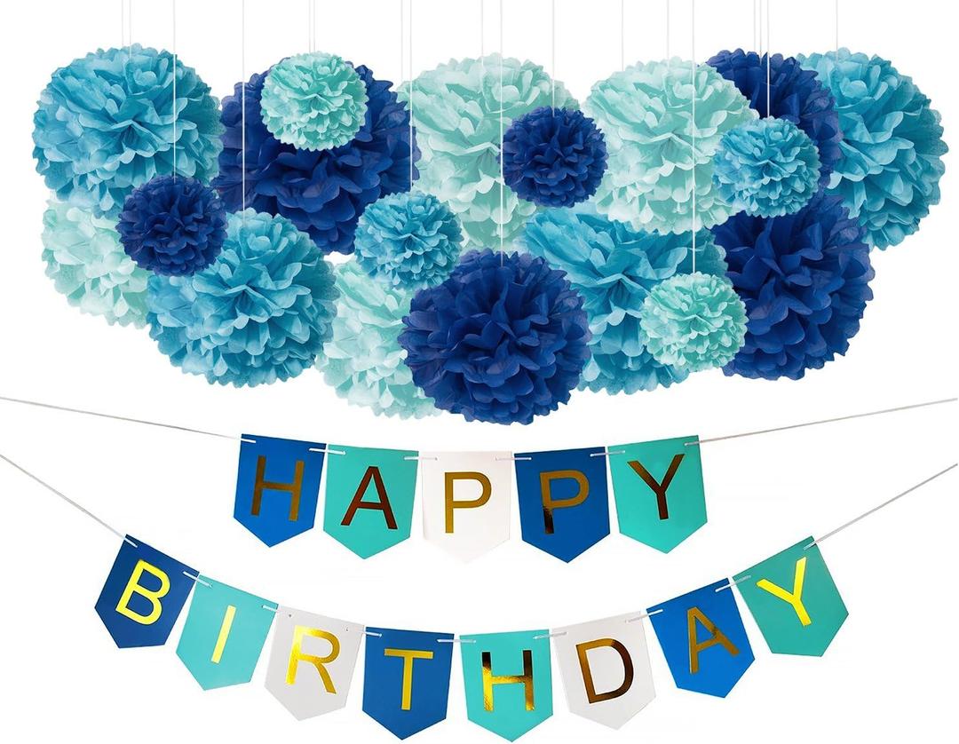 DIY Blue Birthday Decorations - Happy Bday Party Banner Sign and DIY Tissue Paper Pom-Pom Decor Kit for Kids, Teens, Boys, Girls - Under the Sea Beach Shark Whale Pool Dragon Theme Party Supplies