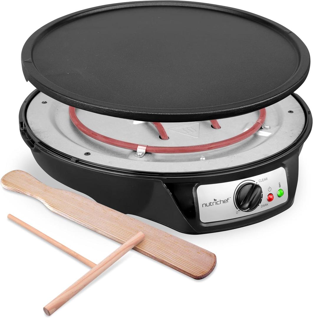 nutrichef Electric Crepe Maker & Griddle - Easy Clean Detachable Cooktop - Cooks Crepes, Bacon, Tortillas & Omelets - 12inch Cook Area with Adjustable Temperature - Includes Spatula & Batter Spreader