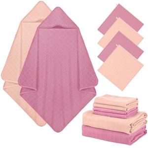 Preboun 6 Pcs Muslin Hooded Baby Towels and Washcloths 32"x 32" Cotton Newborn Bath Towel Anti-Shrink Infant Baby Blankets with Hood 12"x 12" Washcloths for Girl Boy Toddler(Pink,Dark Purple)