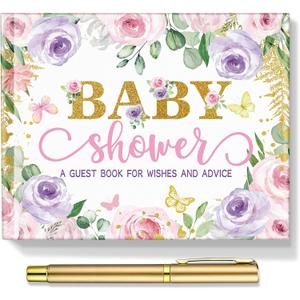 27 Pcs Butterfly Floral Baby Shower Guest Book Set Baby Shower Sign in Guest Floral Book Place Table Cards with Gold Pen Adhesive Photo Corner for Birthday Party