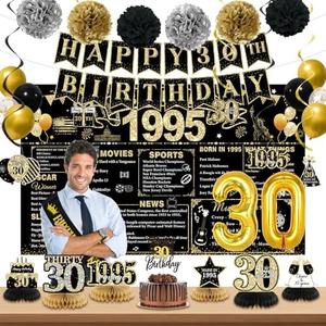 30th Birthday Decorations for Him, Black Gold Back In 1995 Birthday Banner Decorations, Vintage 30th Birthday Table Decorations, Cake Topper, Balloons, Backdrop, Sash Party Supplies for Men