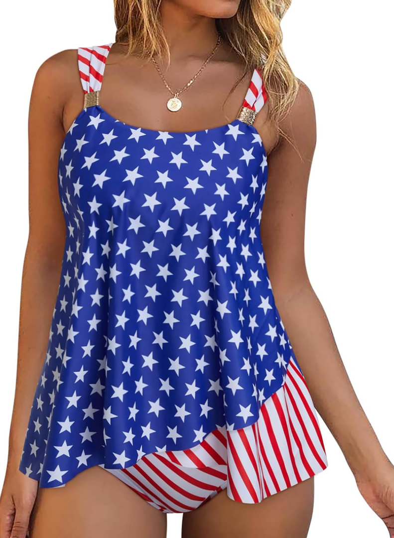 RXRXCOCO Women Tankini Bathing Suits Ruffle High Waisted Swimsuit Tummy Control Swimwear,XXL