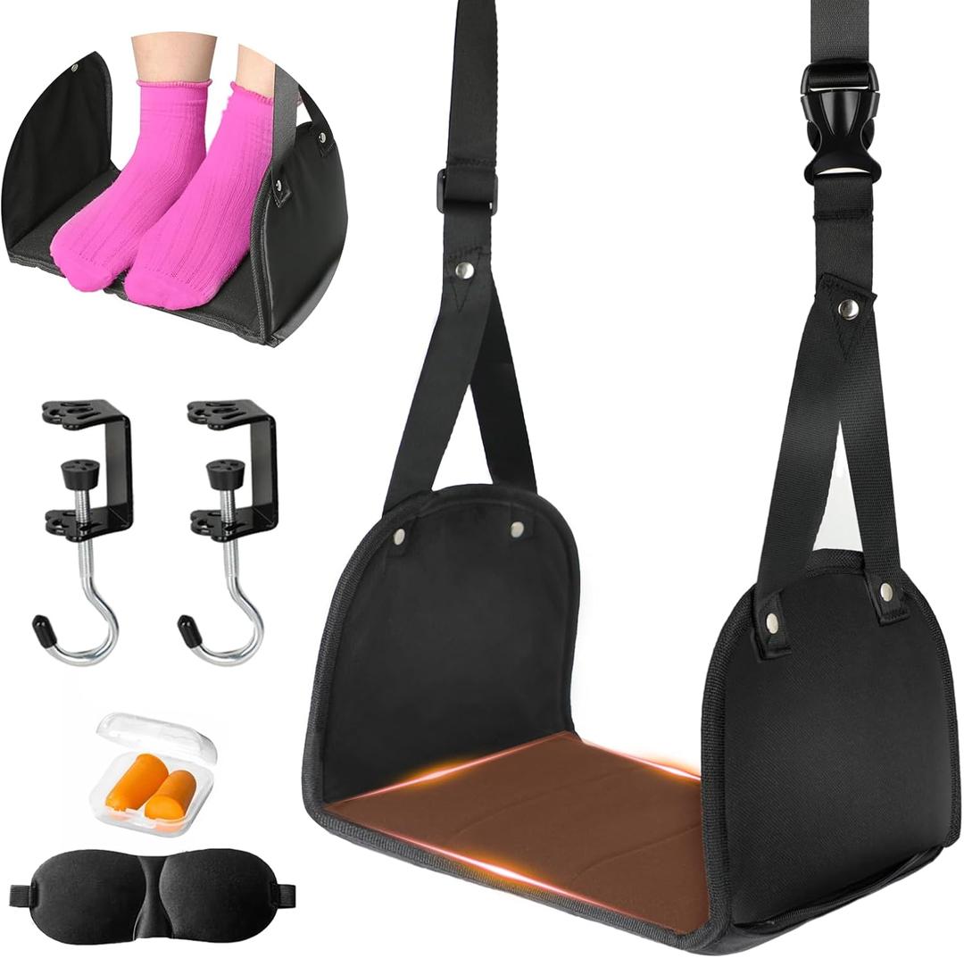 Foot Hammock for Plane Travel, Airplane Foot Rest, Flight Foot Sling with Extended Adjustment Strap, Portable Desk Foot Hammock, Wider Leg Hammock Under Desk - Travel Essentials to Relax Your Feet (Black)