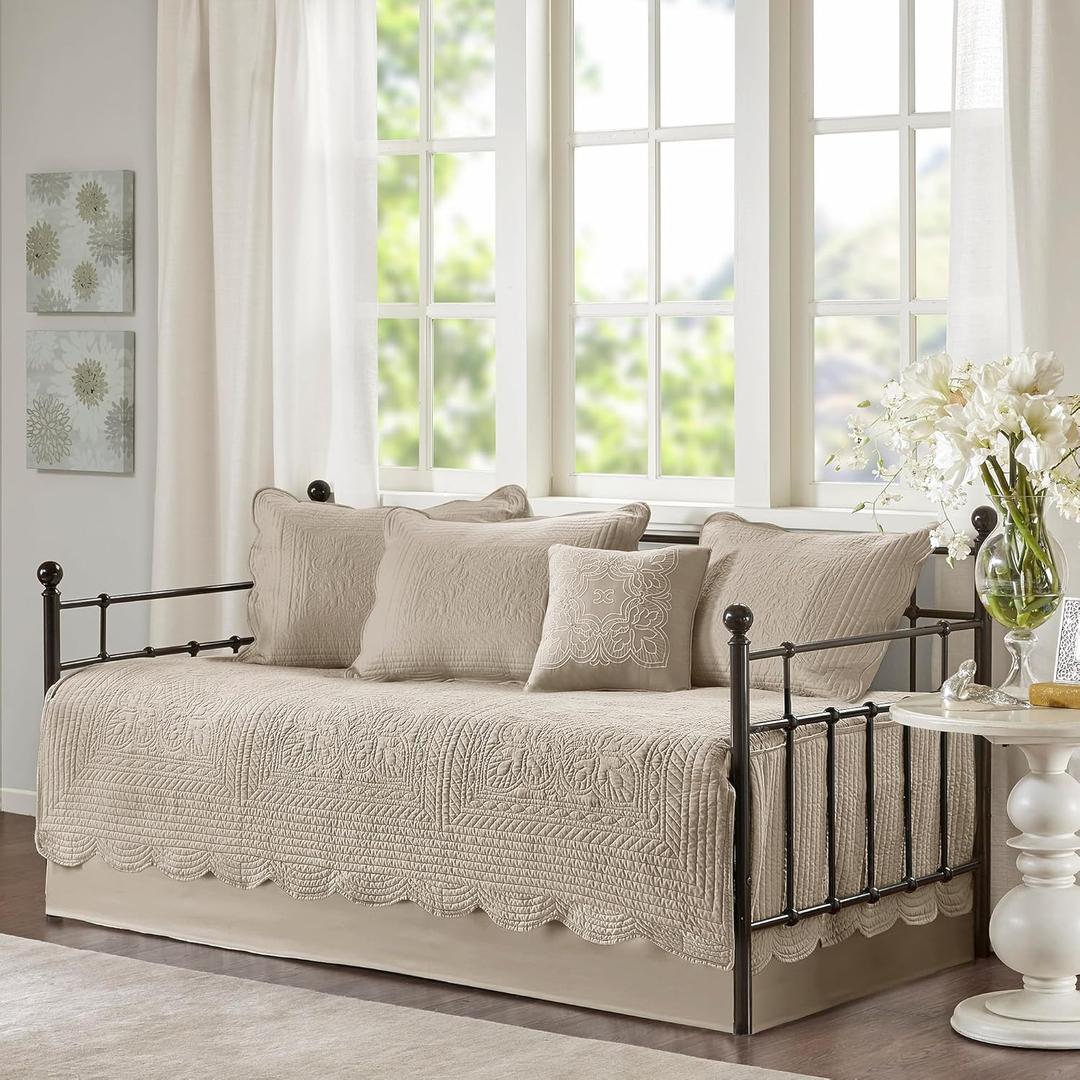 Madison Park Daybed Cover Set Damask Quilted Cover for Daybeds, All Season, Pre-Washed Cotton-Filled Coastal Bedding with Scallop Edge, Shams, Bedskirt, Dcor Pillows, Tuscany, Daybed Khaki 6 Piece, 75"x39"