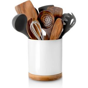 Nucookery 360 Rotating Utensil Holder, 7.2" Large Utensil Crock, White Ceramic Cooking Utensil Organizer with Countertop-Protection Cork Bottom for Farmhouse Kitchen Decor Christmas Gift (White)