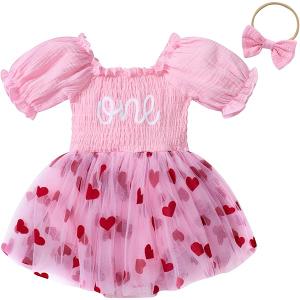 grehava Baby Girl Clothes 612 Months Heart Floral Print Babies Grils 1st Birthday Outfits With Headband Tulle Tutu Dress For Newborn Short Sleeves, Size 12M