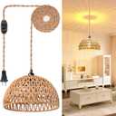 Plug in Pendant Light Rattan Hanging Lamp with 15 Ft Hemp Rope Cord, Wicker Hanging Lights with Bamboo Basket Lamp Shade,Dimmable Switch Woven Boho Plug in Ceiling Light for Living Room Bedroom
