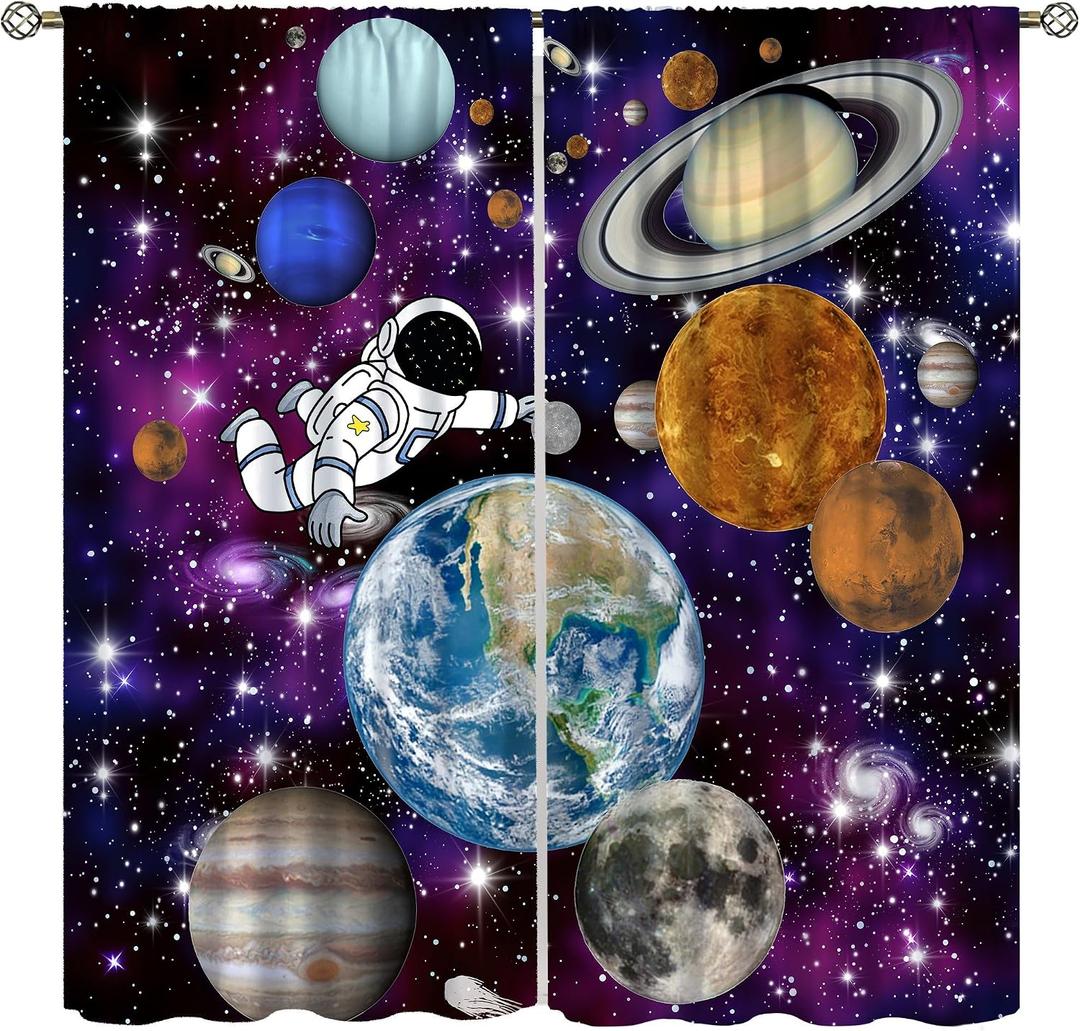 Astronaut Galaxy Curtains,Cartoon Solar System Universe Outer Space Planet Astronaut Earth Windows Treatments Rod Pocket Drapes for Kids Boys Teenage Living Room Bedroom 42x45inchNo Blackout