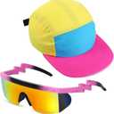 Cindeer 2 Pcs 80s 90s Neon Hat Neon Retro Semi Rimless Sunglasses, 80s Costumes Accessories for Women Men 90s Theme Party (One Size, Yellow Top)