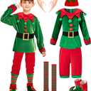 IWALUE Kids Boys Christmas Elf Costume Pants Set Santa's Helper Xmas Outfit with Hat Ears Belt Socks Shoes (9-10 Years, Green)