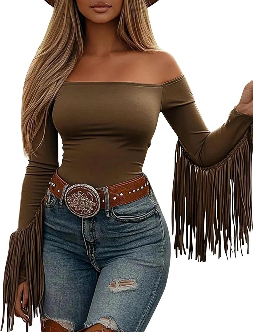 Fringe Tops for Women Western Cowgirl Off The Shoulder Fall Long Sleeve with Tassels Stretchy Crop Shirts Blouses (Brown, XL)