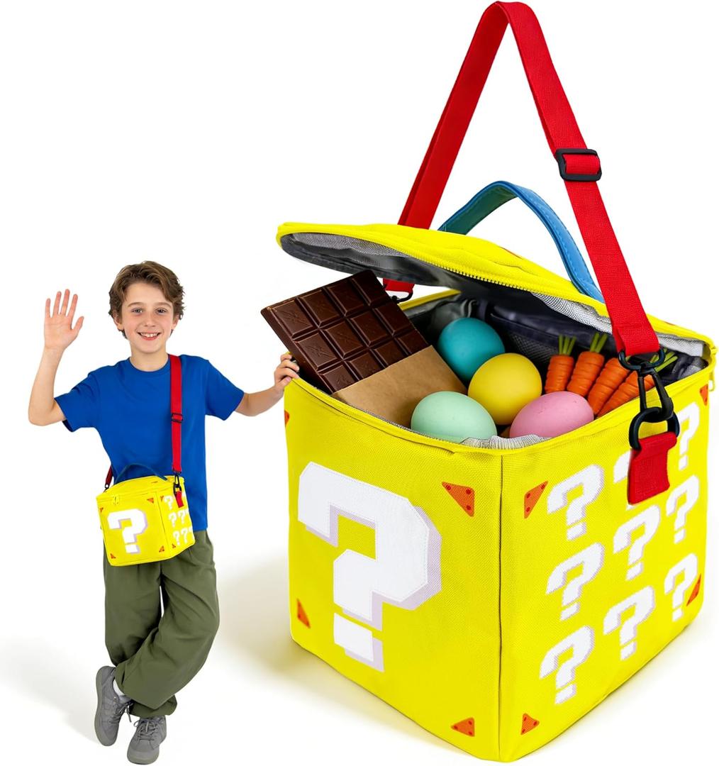 Easter Basket Yellow Question Box Bag, Lunch Bag Storage Basket Game Merch Gifts for Party Supplies Favor Room Decor, Costume (Light-Yellow)
