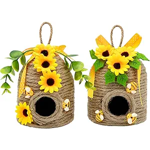 nuvagiki 2 Pack Bee Hive Decor, Farmhouse Bee Decorations with Sunflower, Rustic Bumble Bee Tiered Tray Decor for Kitchen Table, Spring Summer Home Decor