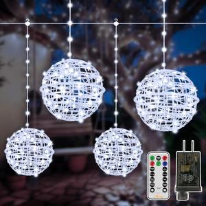 Ollny Christmas Lights Outdoor 4Pack 7.87inch, Cool White 200 LED Ball Light with Plug in Remote, 8 Modes IP67 Waterproof Connectable Sphere Tree Lights for Indoor House Yard Garage Decorations