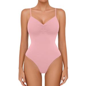 Avidlove Body Suits for Womens Sexy Ruched V Neck Thong Bodysuit Backless Sleeveless Double Lined Cami Body Suit Top (Large, Light Pink)