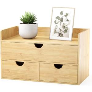 Bamboo Desk Organizer with Drawers - Small Desktop Countertop Mini Tabletop Storage Container - No Assembly Required (1-3 Drawers with Shelf)