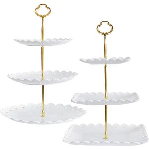 RAUVOLFIA 2 Pack of Plastic Round & Square Dessert Cupcake Stand, 3 Tier Cup Cake Holder Tower for Tea Party/Birthday/Wedding, Plastic Tiered Serving Tray (White)