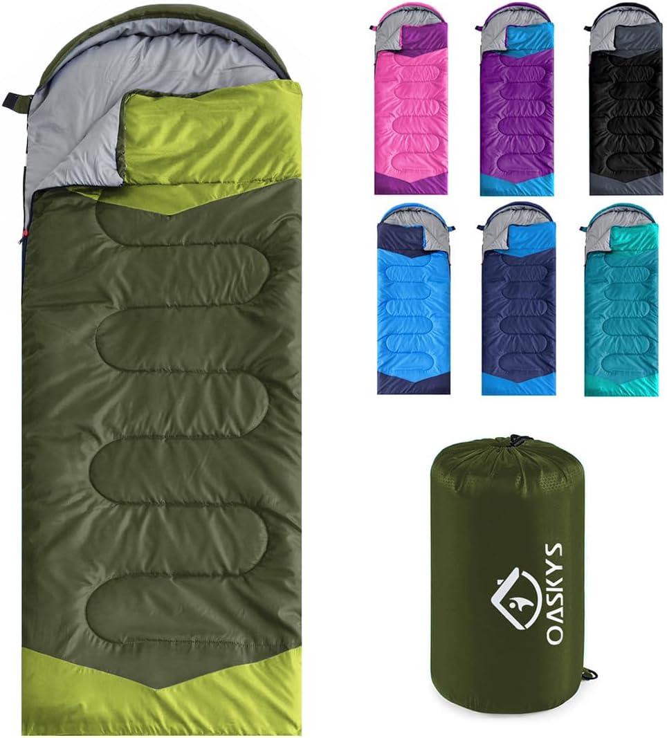 oaskys Camping Sleeping Bag - 3 Season Warm & Cool Weather - Summer Spring Fall Lightweight Waterproof for Adults Kids - Camping Gear Equipment, Traveling, and Outdoors (50-80F Everyday 3 Season - Olive Green)