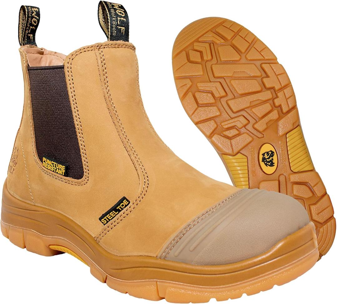 WOLF Work Boot | 100% Genuine Upper Leather | Oil, Slip, Impact, Puncture Resistant | Electrical Hazards | Non-Slip Rubber Sole (Tan Steel Toe)