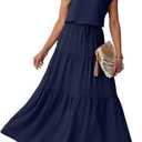 Lepunuo 2 Piece Skirt Sets for Women Flowy Maxi Skirts Cap Sleeve Tops Matching Sets Travel Vacation Outfits with Pockets (Blue, XL)