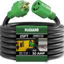 RVGUARD 4 Prong 30 Amp 25 Foot Generator Extension Cord, NEMA L14-30P/L14-30R, 125/250V Up to 7500W 10 Gauge SJTW Generator Cord with Cord Organizer, ETL Listed