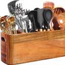 Kitchen Utensil Holder for Counter or Countertop, Extra Large Acacia Wood Organizer with 4 Compartments, Wooden Storage for Cooking and Silverware, Rustic Minimalist Decor, Sturdy Utensil Crock