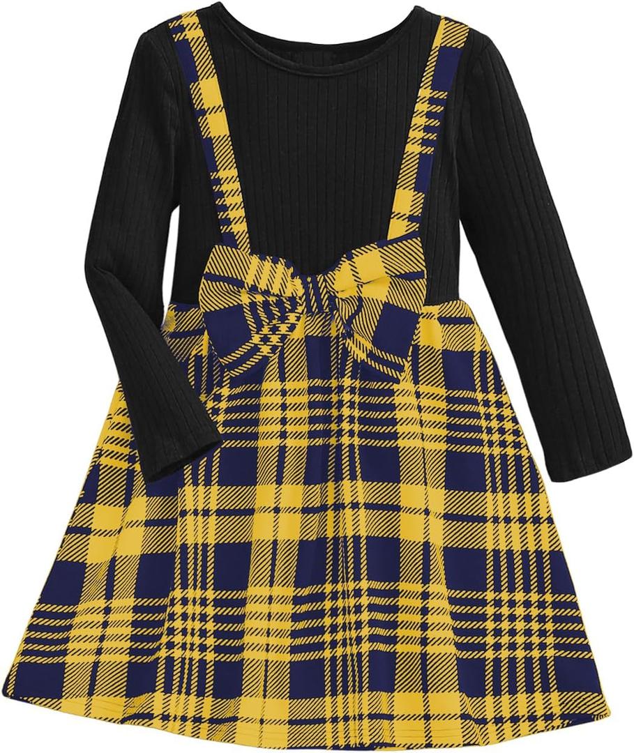 WDIRARA Toddler Girl's Plaid Bow Front Ribbed Knit Round Neck Long Sleeve A Line Dress