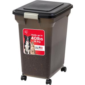 IRIS USA Airtight Dog Food Storage Container, WeatherPro, Up to 40 lbs, Removable Wheels, for Dog Cat Bird and Other Pet Food Storage Bin, Keep Fresh, Translucent Body, Made in USA, Smoke/Black