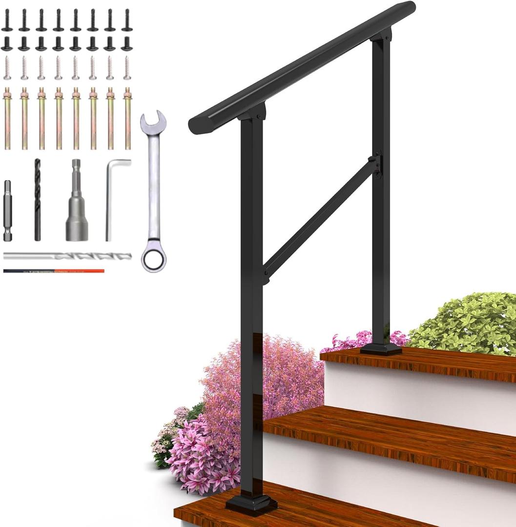  Outdoor Steps, 3 Steps Metal Handrails for Indoor/ Outdoor, Handrails for Concrete Steps, Wrought Iron Railing, Metal Porch Handrail, Deck Railing with Installation Kit