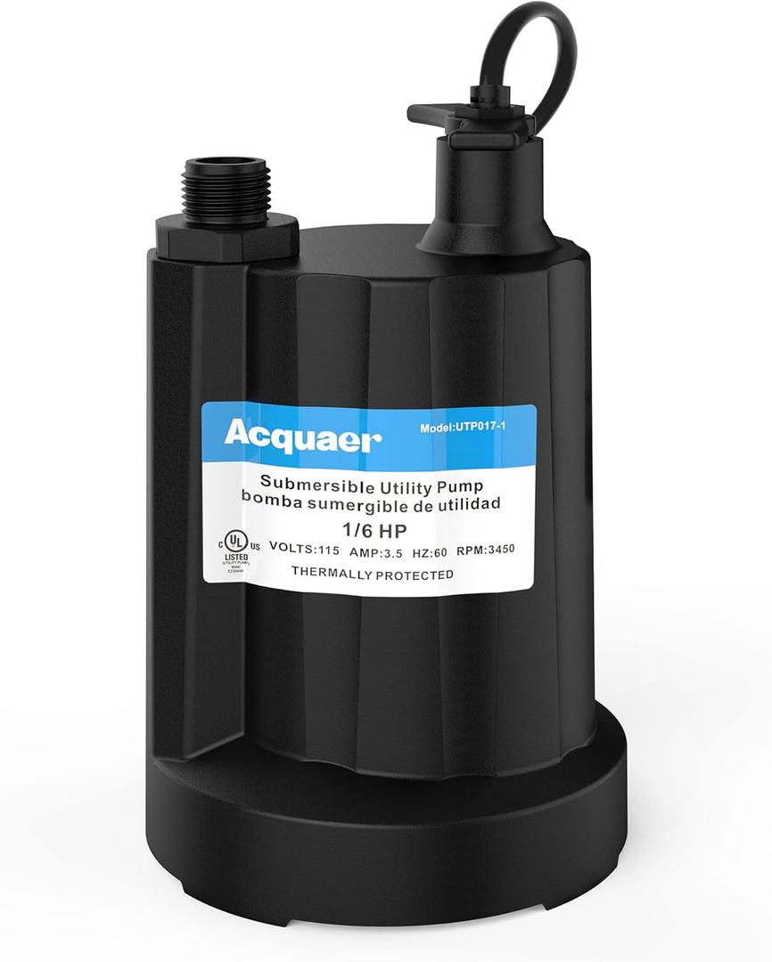 Acquaer Submersible Water Pump 1/6 HP Sump Pump Thermoplastic Utility Pump Small Electric Water Pump 1750GPH Water Remove for Basement Hot Tubs Garden Pool Cover Draining with 10 ft Cord