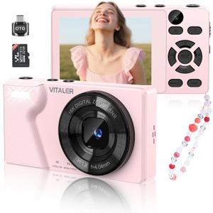 Digital Camera with Front Rear Lens, Autofocus 64MP 4K Camera for Photography with 32GB Card, Portable Compact Point and Shoot Camera for Teens Adult Beginner with Metal Shell, 2000mAh Battery (Pink)