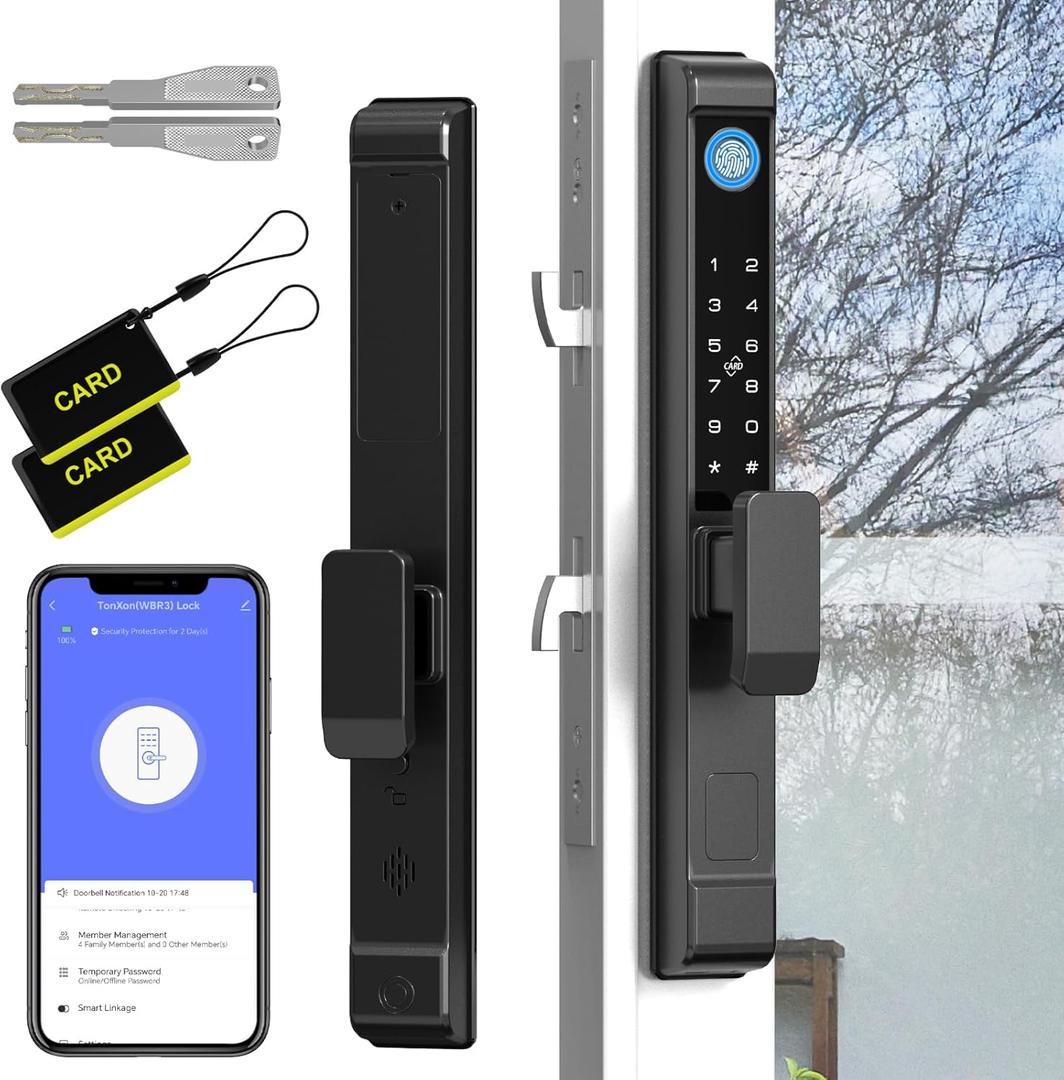 Fingerprint Sliding Glass Door Lock, Door Lock with RFID Fingerprint Remote Unlock, Keypad Electronic Digital Biometric Mortise Smart Lock for Double Hook Patio Sliding Door