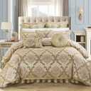 Chic Home Aubrey Queen Size Comforter Set with Bed Skirt, Shams and 3 Decorative Pillows - Jacquard Bed Comforter Queen with Hypoallergenic Fill (Beige)