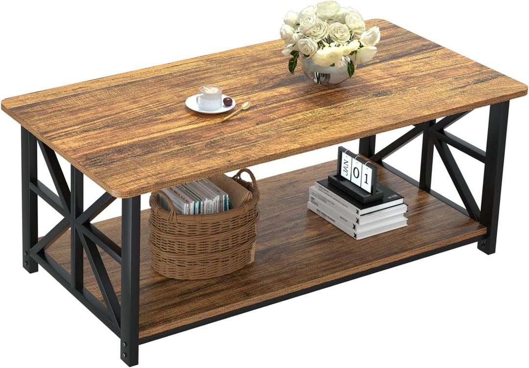 GreenForest Coffee Table with Round Corner, Farmhouse Center Table with 2-Tier Storage Shelf X-Frame Design for Living Room, 39 inch Walnut, 39.37 x 20.47 x 18.7 inches