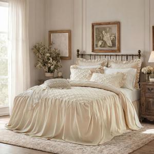 Ruffle Skirt Bedspread Set Flower Style - 30" Long Drop - Vintage Chic Ruffled Summer Bed Spreads Quilt Coverlet Boho Bedding Farmhouse Style Luxurious Rustic 3 Piece Set Queen Size Cream White