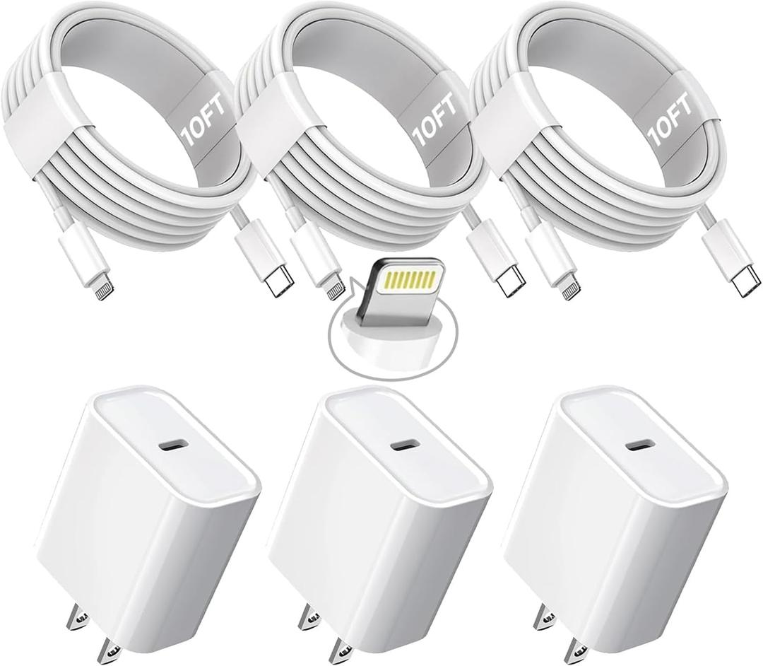 10FT iPhone Fast Charger,3Pack Extra Long[Apple MFi Certified]iPhone Charger Fast Charging Quick 10Foot USB C to Lightning Cable Cord Adapter Block for iPhone 14 Pro Max/14 Plus/13/12Mini/11/XS/X/iPad (White)