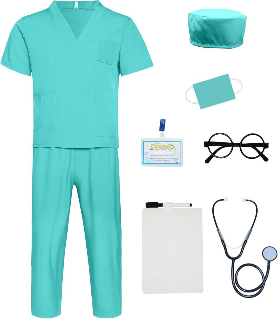 Doctor Costume for Kids - Scrubs Set and Role Play Kit, Pretend Dress Up for Career (10-11 Years/160, Green)